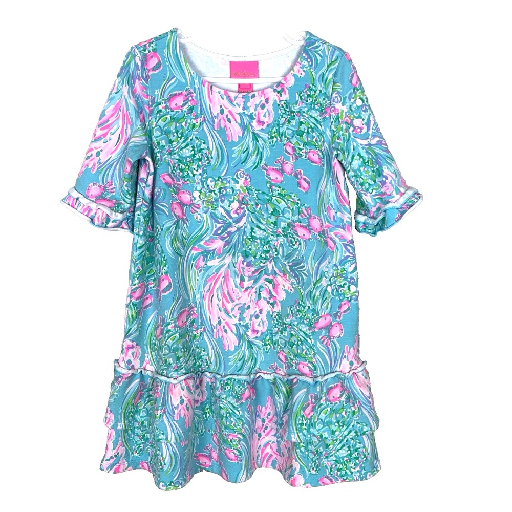 Lilly Pulitzer Kailyn Dress Girls M 6 7 Amalfi Blue Best Fishes Terry Knit